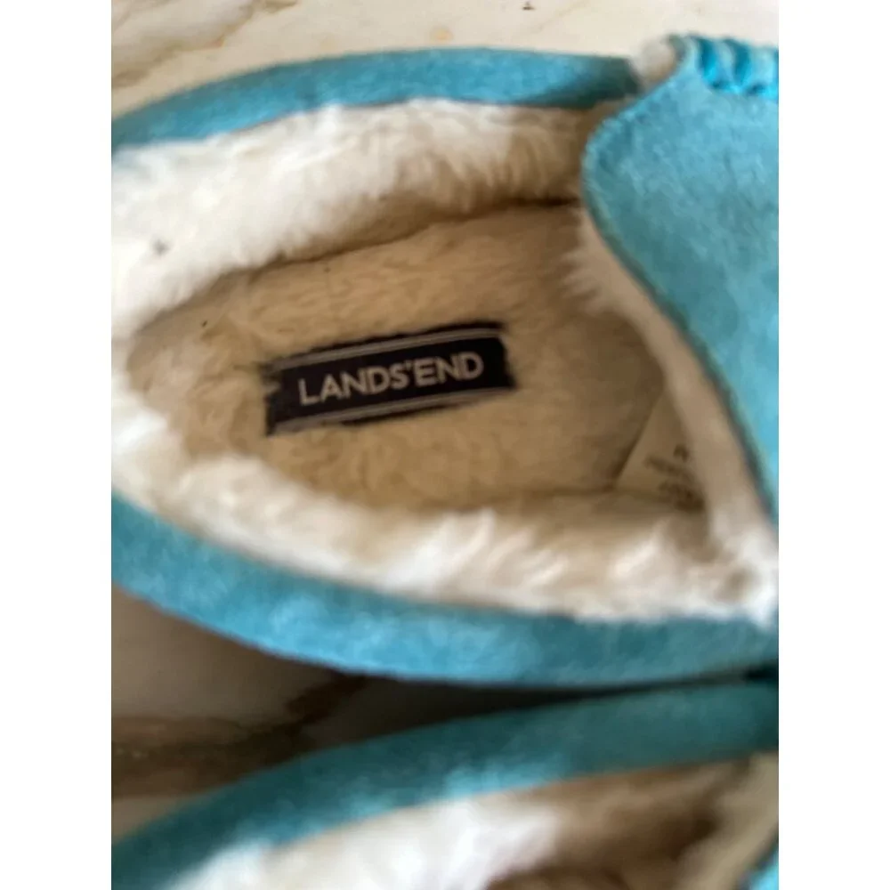 Lands‎ End Kids Youth Blue Teal Suede Fleece Lined Slippers Non Slip Size 13